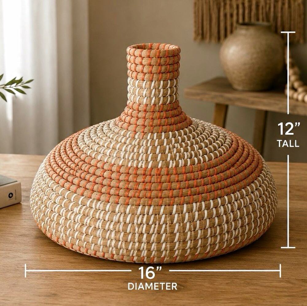 Round Wicker Decorative Basket Vase Boho Beige/Orange 16in Freestanding
